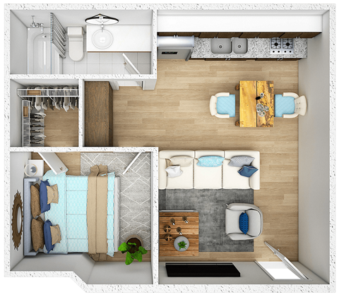 a 3d rendering of a bedroom with a bathroom and a living room